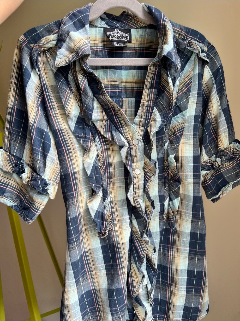 ANGIE Blue Plaid Fitted Ruffle Shirt Y2K size S